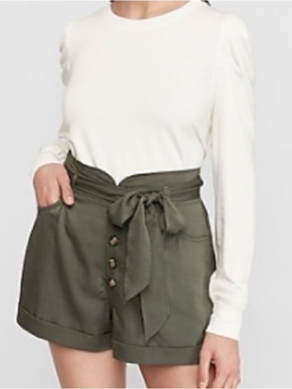 Express Olive Green Belted Paperbag High Rise Shorts Medium